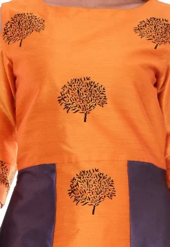 Block Printed Art Silk Abaya Style Suit in Orange and Grey