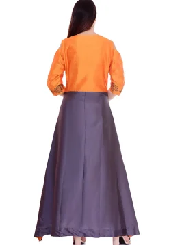 Block Printed Art Silk Abaya Style Suit in Orange and Grey