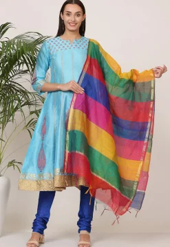 Block Printed Art Silk Anarkali Suit in Light Blue