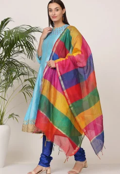 Block Printed Art Silk Anarkali Suit in Light Blue
