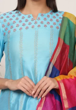 Block Printed Art Silk Anarkali Suit in Light Blue