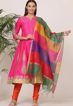 Block Printed Art Silk Anarkali Suit in Pink