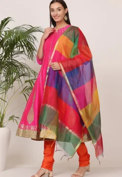 Block Printed Art Silk Anarkali Suit in Pink