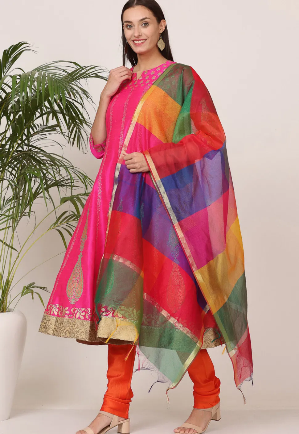 Block Printed Art Silk Anarkali Suit in Pink