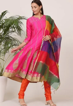 Block Printed Art Silk Anarkali Suit in Pink