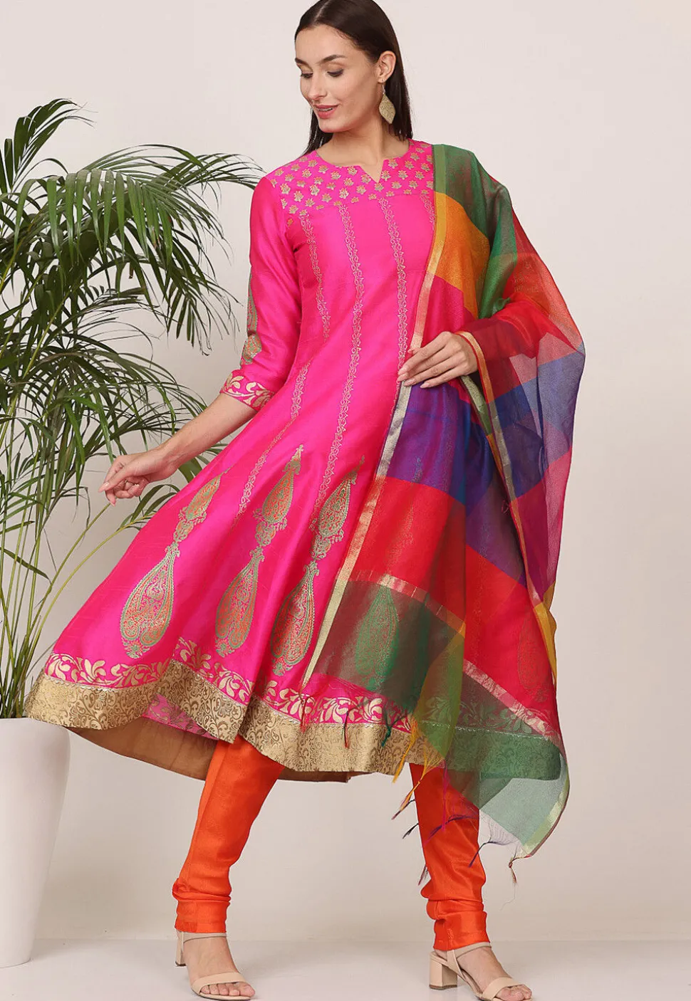 Block Printed Art Silk Anarkali Suit in Pink