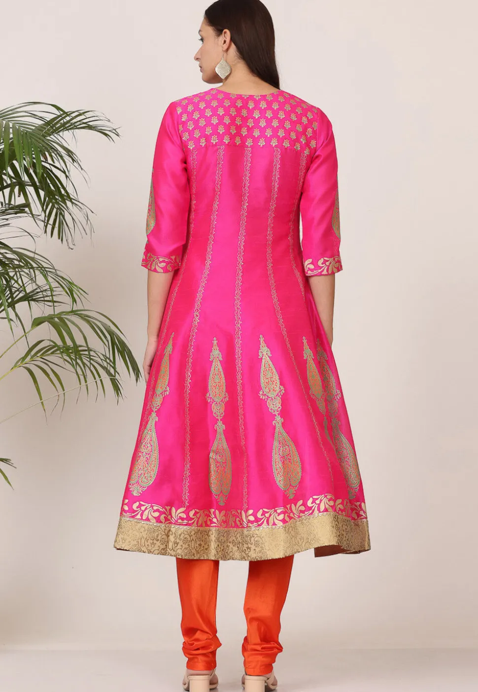 Block Printed Art Silk Anarkali Suit in Pink