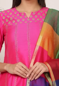 Block Printed Art Silk Anarkali Suit in Pink