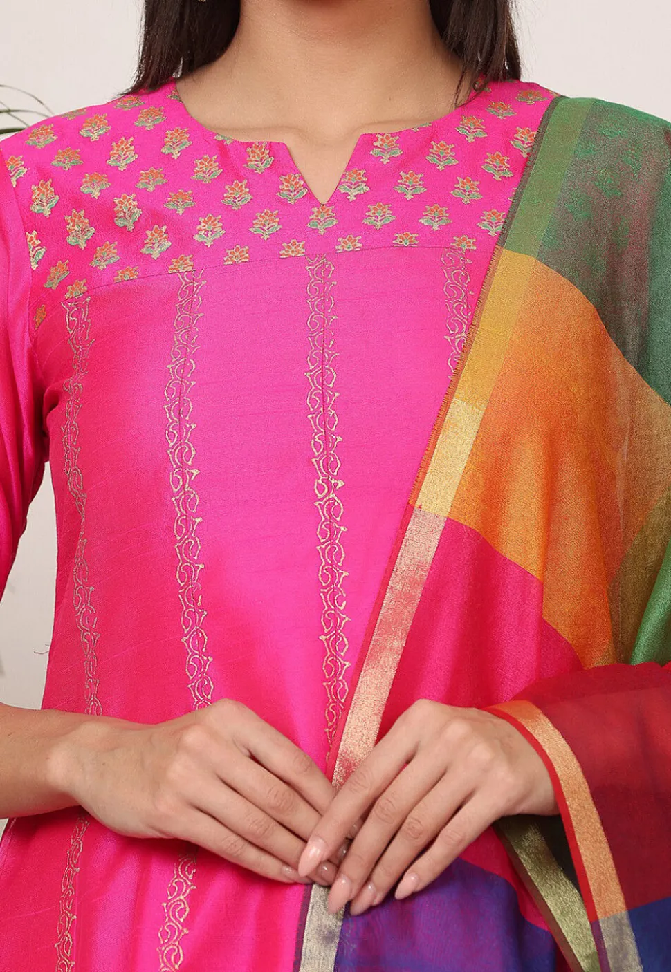 Block Printed Art Silk Anarkali Suit in Pink