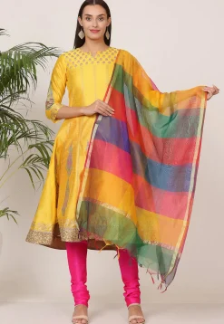 Block Printed Art Silk Anarkali Suit in Yellow