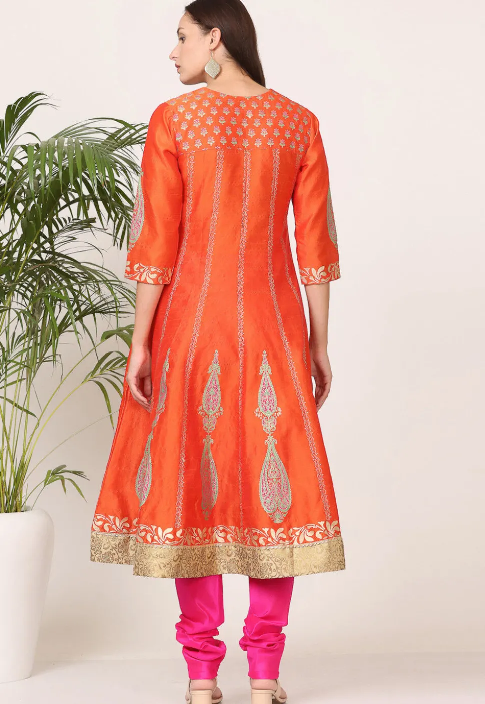 Block Printed Art Silk Anarkali Suit in Orange