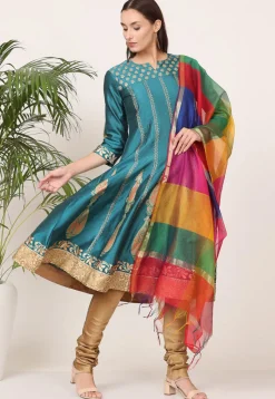 Block Printed Art Silk Anarkali Suit in Teal Green