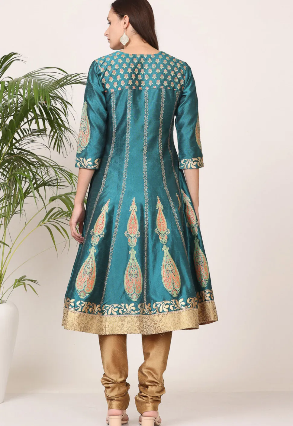 Block Printed Art Silk Anarkali Suit in Teal Green