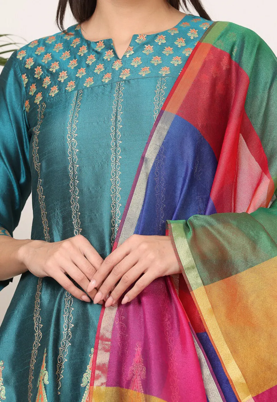 Block Printed Art Silk Anarkali Suit in Teal Green