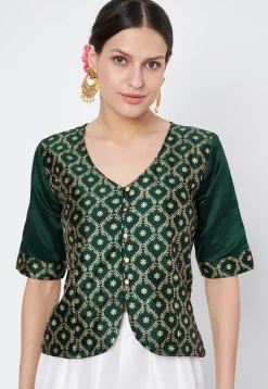 Block Printed Art Silk Blouse in Dark Green