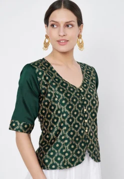 Block Printed Art Silk Blouse in Dark Green