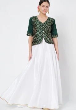 Block Printed Art Silk Blouse in Dark Green