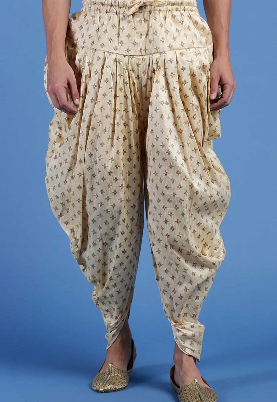 Block Printed Art Silk Dhoti Pant in Beige