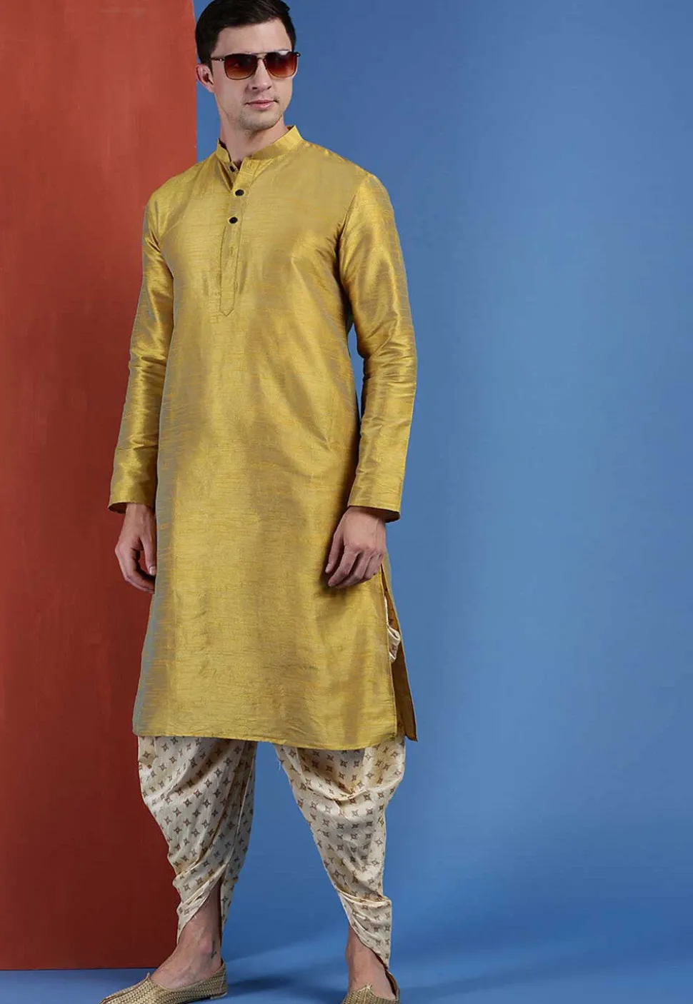Block Printed Art Silk Dhoti Pant in Beige