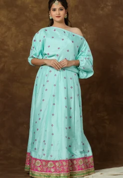 Block Printed Art Silk Gown in Sea Green