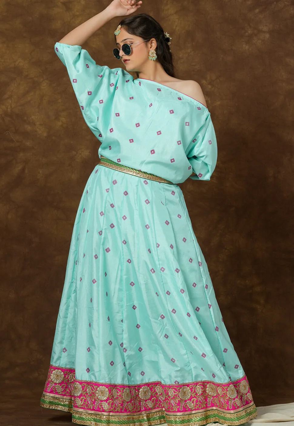 Block Printed Art Silk Gown in Sea Green