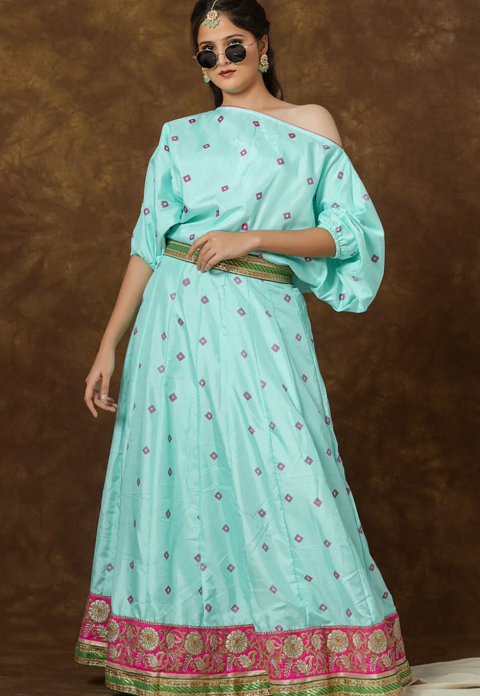 Block Printed Art Silk Gown in Sea Green