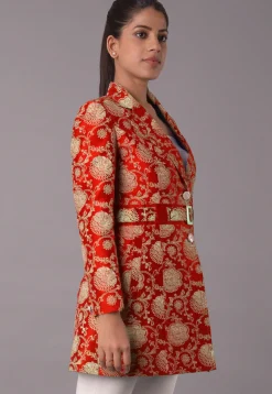 Block Printed Art Silk Jacket in Red
