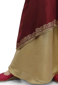 Block Printed Art Silk Jacket Style Lehenga in Wine