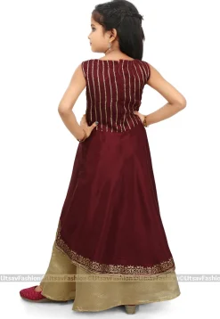 Block Printed Art Silk Jacket Style Lehenga in Wine