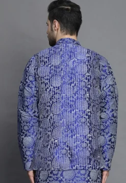 Block Printed Art Silk Kurta Jacket Set in Royal Blue