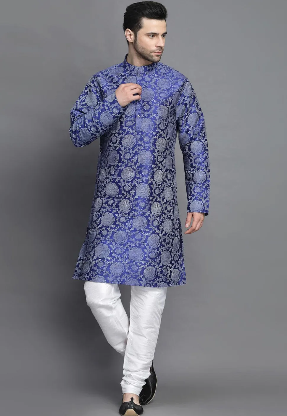 Block Printed Art Silk Kurta Jacket Set in Royal Blue