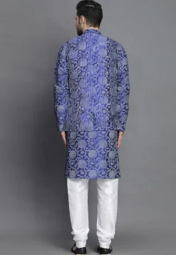 Block Printed Art Silk Kurta Jacket Set in Royal Blue
