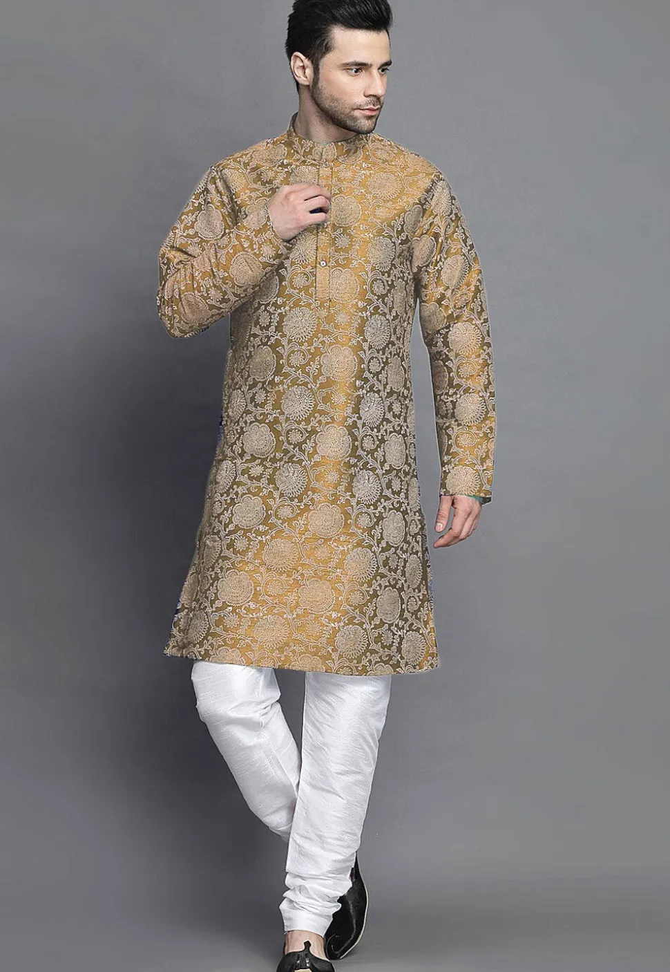 Block Printed Art Silk Kurta Set in Beige