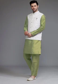 Block Printed Art Silk Kurta Set in Olive Green and Off White