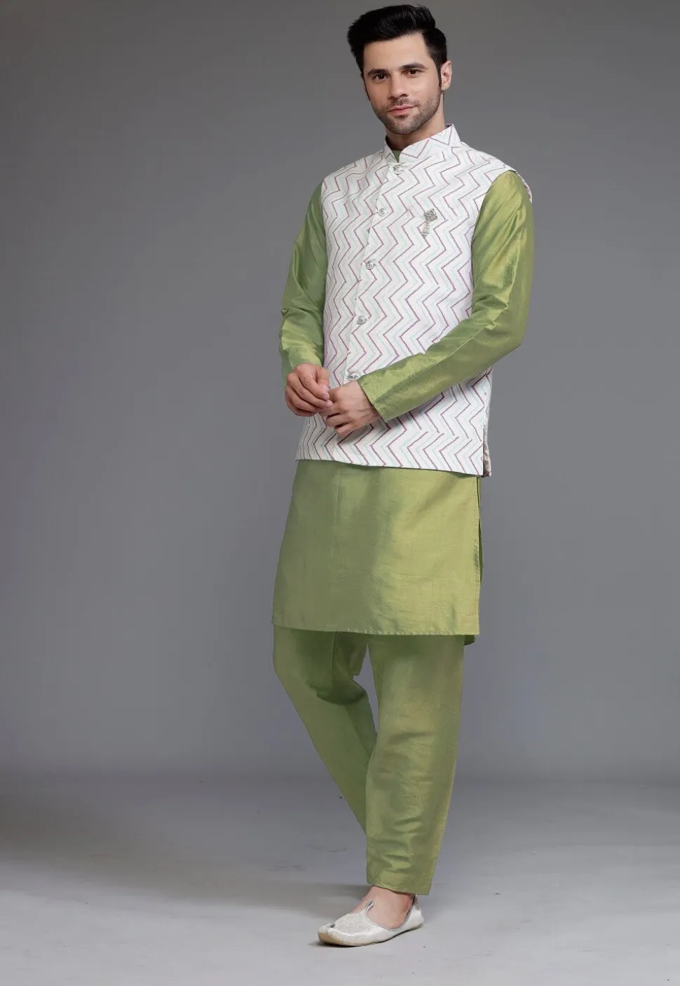Block Printed Art Silk Kurta Set in Olive Green and Off White