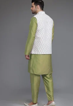 Block Printed Art Silk Kurta Set in Olive Green and Off White