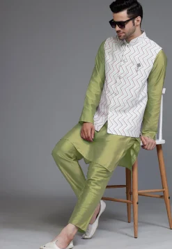 Block Printed Art Silk Kurta Set in Olive Green and Off White