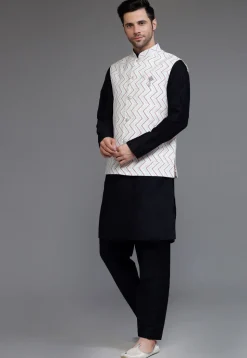 Block Printed Art Silk Kurta Set in Black and Off White
