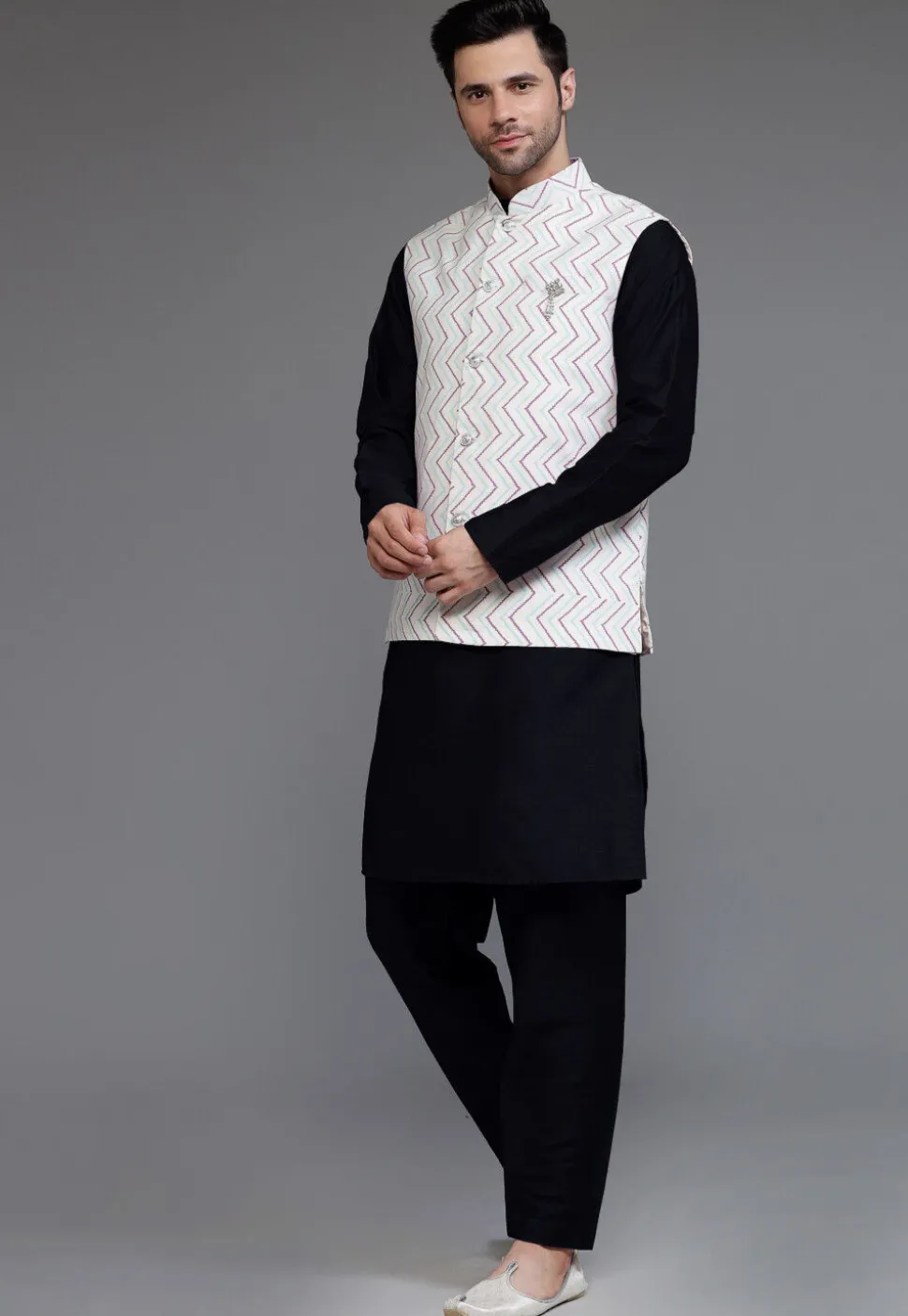 Block Printed Art Silk Kurta Set in Black and Off White
