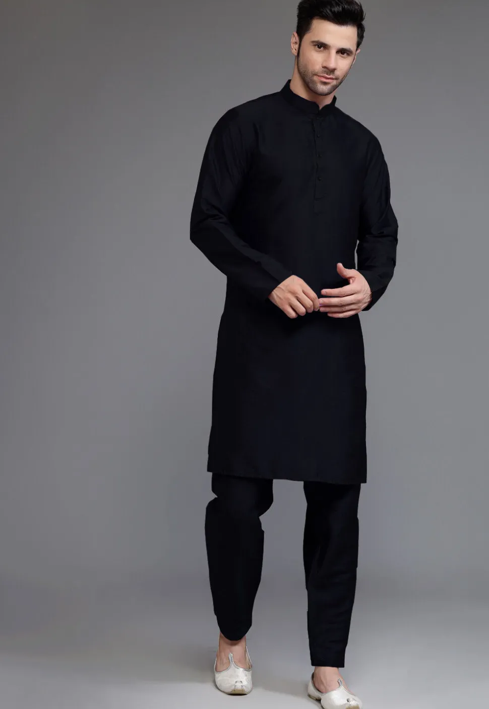 Block Printed Art Silk Kurta Set in Black and Off White