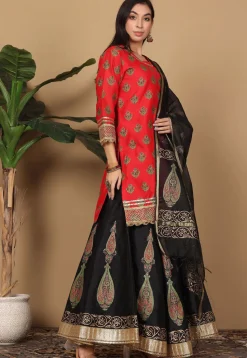 Block Printed Art Silk Lehenga in Black