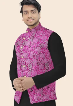 Block Printed Art Silk Nehru Jacket in Magenta