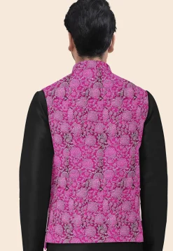 Block Printed Art Silk Nehru Jacket in Magenta