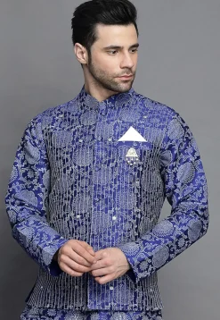 Block Printed Art Silk Nehru Jacket in Royal Blue