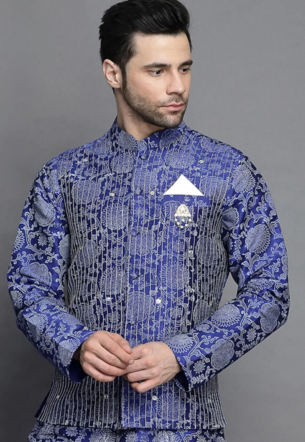 Block Printed Art Silk Nehru Jacket in Royal Blue