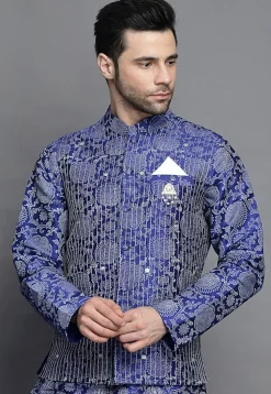 Block Printed Art Silk Nehru Jacket in Royal Blue