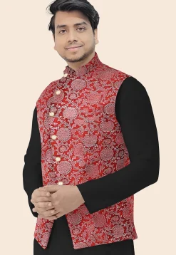 Block Printed Art Silk Nehru Jacket in Maroon