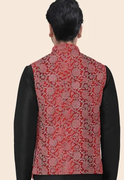 Block Printed Art Silk Nehru Jacket in Maroon