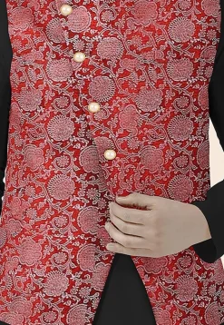 Block Printed Art Silk Nehru Jacket in Maroon