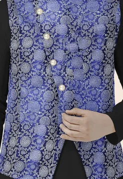 Block Printed Art Silk Nehru Jacket in Royal Blue